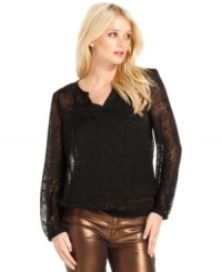 Calvin Klein Jeans offers an ethereal look with this semi-sheer burnout peasant top. Pair it with metallic jeggings for a look high in contrast and style. Calvin Klein Jeans offers an ethereal look with this semi-sheer burnout peasant top. Pair it with metallic jeggings for a look high in contrast and style.