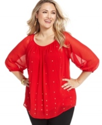 Shine from day to night in AGB's three-quarter-sleeve plus size top, showcasing a studded front. Shine from day to night in AGB's three-quarter-sleeve plus size top, showcasing a studded front.