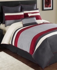 Line up. Vertical and horizontal lines in sophisticated tones enhance the look of your space in this Rowan comforter set, complete with bedskirt, shams and decorative pillows for a total refresh. Line up. Vertical and horizontal lines in sophisticated tones enhance the look of your space in this Rowan comforter set, complete with bedskirt, shams and decorative pillows for a total refresh.