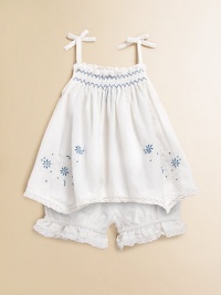 Sweet floral embroidery adorns a babydoll tunic, complete with a matching ruffle-trimmed bloomer for the perfect warm-weather set.Straight necklineSpaghetti straps with bowsPullover styleSmocked bodiceHandkerchief hemElastic waistbandCottonMachine washImported Sweet floral embroidery adorns a babydoll tunic, complete with a matching ruffle-trimmed bloomer for the perfect warm-weather set.Straight necklineSpaghetti straps with bowsPullover styleSmocked bodiceHandkerchief hemElastic waistbandCottonMachine washImported