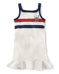 In celebration of Team USA's participation in the 2012 Olympics, a sporty ruffled dress features red, white and blue stripes and an embroidered flag patch for heritage flair. In celebration of Team USA's participation in the 2012 Olympics, a sporty ruffled dress features red, white and blue stripes and an embroidered flag patch for heritage flair.