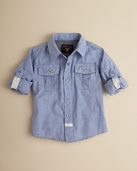 Your handsome baby boy's new go-to: this classic woven button down shirt, updated by Sovereign Code with roll tab sleeves, pleated chest pockets and contrast twill accents. Your handsome baby boy's new go-to: this classic woven button down shirt, updated by Sovereign Code with roll tab sleeves, pleated chest pockets and contrast twill accents.