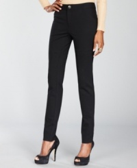 Tonal topstitching take the place of traditional pockets on INC's curvy-fit, skinny-leg ponte knit pants, ensuring a sleek and stylish look. Tonal topstitching take the place of traditional pockets on INC's curvy-fit, skinny-leg ponte knit pants, ensuring a sleek and stylish look.