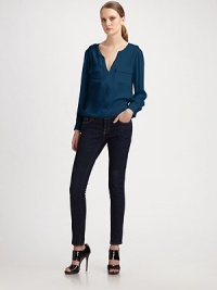 Lengthy split v-neck of pure, sumptuous silk. Split v-neck Patch pockets Long sleeves Buttoned cuffs Hi-low hem Silk Dry clean Imported Lengthy split v-neck of pure, sumptuous silk. Split v-neck Patch pockets Long sleeves Buttoned cuffs Hi-low hem Silk Dry clean Imported