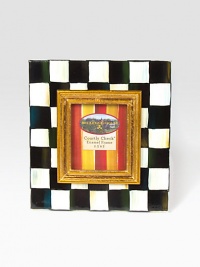 Display your treasured moments in this opulent, hand-painted frame with gilt inner molding.Hand-painted checks on enameled steelGlassAccommodates a 2.5 X 3 photographOverall, 6 X 6.5Linen-covered easel and backImported Display your treasured moments in this opulent, hand-painted frame with gilt inner molding.Hand-painted checks on enameled steelGlassAccommodates a 2.5 X 3 photographOverall, 6 X 6.5Linen-covered easel and backImported