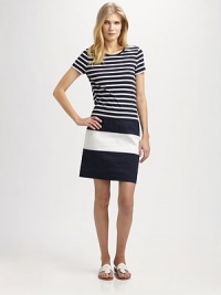 Slender stripes meet sporty stripes to create the quintessential, everyday-chic dress.Round neckShort sleevesDrop waistBack zipperFully linedAbout 36 from shoulder to hem64% ramie/32% viscose/4% elastaneDry cleanImported Model shown is 5'11½ (181cm) wearing US size Small. Slender stripes meet sporty stripes to create the quintessential, everyday-chic dress.Round neckShort sleevesDrop waistBack zipperFully linedAbout 36 from shoulder to hem64% ramie/32% viscose/4% elastaneDry cleanImported Model shown is 5'11½ (181cm) wearing US size Small.