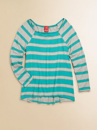 She'll go for the gold in this striped pullover with metallic detail and raglan sleeves.BoatneckLong raglan sleevesPullover styleSlight hi-lo hemRayon/Lurex/SpandexMachine washImported She'll go for the gold in this striped pullover with metallic detail and raglan sleeves.BoatneckLong raglan sleevesPullover styleSlight hi-lo hemRayon/Lurex/SpandexMachine washImported
