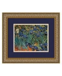 The brilliant color and rich imagery of Van Gogh's Irises express the painting's deep, emotional undercurrents. A midnight-blue mat picks up the vibrancy of each flower petal while, in embossed antique gold, the wood frame adds an elegant finish. The brilliant color and rich imagery of Van Gogh's Irises express the painting's deep, emotional undercurrents. A midnight-blue mat picks up the vibrancy of each flower petal while, in embossed antique gold, the wood frame adds an elegant finish.