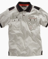 Shoulder epaulets and double chest pockets on this polo shirt from Sean John give his look some muscle. Shoulder epaulets and double chest pockets on this polo shirt from Sean John give his look some muscle.