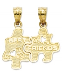 The perfect gift for yourself and a best friend. This puzzle piece-shaped break-apart charm set features the words Best and Friends with sweet cut-out heart accents. Crafted in 14k gold. Chain not included. Approximate length: 3/4. Approximate width: 7/10 inch. The perfect gift for yourself and a best friend. This puzzle piece-shaped break-apart charm set features the words Best and Friends with sweet cut-out heart accents. Crafted in 14k gold. Chain not included. Approximate length: 3/4. Approximate width: 7/10 inch.