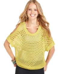Wear this brightly colored open-knit top with your favorite jeans and tank! The arm cutouts make it extra cute! Wear this brightly colored open-knit top with your favorite jeans and tank! The arm cutouts make it extra cute!