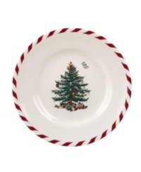 With an historic pattern and candy-cane trim, Spode's Christmas Tree Peppermint canape plates are a festive gift to holiday dining. A full evergreen tree with baubles, tinsel and perfectly wrapped packages sets the table for celebration. With an historic pattern and candy-cane trim, Spode's Christmas Tree Peppermint canape plates are a festive gift to holiday dining. A full evergreen tree with baubles, tinsel and perfectly wrapped packages sets the table for celebration.