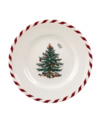 With an historic pattern and candy-cane trim, Spode's Christmas Tree Peppermint canape plates are a festive gift to holiday dining. A full evergreen tree with baubles, tinsel and perfectly wrapped packages sets the table for celebration.