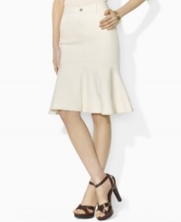 Designed in sleek white denim with a hint of flattering stretch, Lauren Jeans Co. updates a timeless silhouette for a modern look with a ruffled hem and chic lace-up back. Designed in sleek white denim with a hint of flattering stretch, Lauren Jeans Co. updates a timeless silhouette for a modern look with a ruffled hem and chic lace-up back.