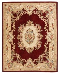Modeled after 17th century Aubusson rugs, the Jade area rug offers a traditional floral motif in a contemporary burgundy and ivory colorway. Crafted of rich wool. Modeled after 17th century Aubusson rugs, the Jade area rug offers a traditional floral motif in a contemporary burgundy and ivory colorway. Crafted of rich wool.