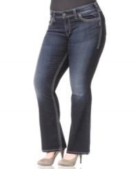 Team your favorite tops with Silver Jeans' bootcut plus size jeans, featuring a flattering dark wash. Team your favorite tops with Silver Jeans' bootcut plus size jeans, featuring a flattering dark wash.