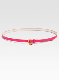How charming, this skinny belt offers a pop of on-trend, neon color and a unique, charmed buckle closure.About .5 widePVCCharm on buckle closureImported How charming, this skinny belt offers a pop of on-trend, neon color and a unique, charmed buckle closure.About .5 widePVCCharm on buckle closureImported