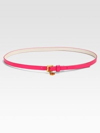 How charming, this skinny belt offers a pop of on-trend, neon color and a unique, charmed buckle closure.About .5 widePVCCharm on buckle closureImported