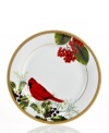 A new holiday classic, the Holly Berry accent plate features filigree-patterned gold and a beautiful nature scene in elegant white porcelain. Complements Charter Club's Grand Buffet Classic Gold and Red Rim dinnerware.