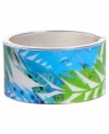 Infuse your look with the bold colors and exotic prints of Brasil. Crafted in silver tone mixed metal Haskell's Palm bangle features blue and green palm leaf details with a hinge clasp. Approximate diameter: 2-1/2 inches. Approximate length: 8 inches. Item comes packaged in green gift box.