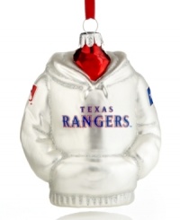 Nothing says festive to baseball fans like the Texas Rangers hoodie ornament by Kurt Adler. Reverses to another team logo. Nothing says festive to baseball fans like the Texas Rangers hoodie ornament by Kurt Adler. Reverses to another team logo.