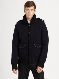 Luxurious, lambskin shearling trims the collar of this utilitarian-inspired cardigan sweater, knit from a superior wool blend with a detailed trim at the pockets.Button frontStand collarShoulder epaulettesRibbed knit collar, cuffs and hemWaist flap pocketsWool/nylonSpecialist dry cleanImportedFur origin: China Luxurious, lambskin shearling trims the collar of this utilitarian-inspired cardigan sweater, knit from a superior wool blend with a detailed trim at the pockets.Button frontStand collarShoulder epaulettesRibbed knit collar, cuffs and hemWaist flap pocketsWool/nylonSpecialist dry cleanImportedFur origin: China