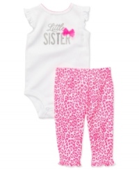 She'll be proud to be the little sister in this adorable bodysuit and animal print leggings set by Carter's. Bodysuit has snaps at neck and leg openings for easy changes. She'll be proud to be the little sister in this adorable bodysuit and animal print leggings set by Carter's. Bodysuit has snaps at neck and leg openings for easy changes.