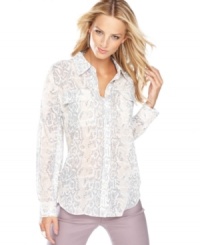 Sizzling-hot snakeskin makes a boyfriend-style buttondown shirt look fresh! Try it with a pencil skirt for the office or with your favorite jeans on the weekend. Sizzling-hot snakeskin makes a boyfriend-style buttondown shirt look fresh! Try it with a pencil skirt for the office or with your favorite jeans on the weekend.