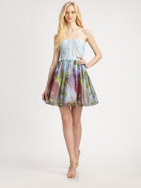 A sleek, structural bodice crowns a full, floral-print chiffon skirt.Strapless sweetheart necklineBodice trimSelf beltFull chiffon skirtConcealed back zipFully linedAbout 19 from natural waistPolyesterDry cleanImportedModel shown is 5'10 (177cm) wearing US size 4. A sleek, structural bodice crowns a full, floral-print chiffon skirt.Strapless sweetheart necklineBodice trimSelf beltFull chiffon skirtConcealed back zipFully linedAbout 19 from natural waistPolyesterDry cleanImportedModel shown is 5'10 (177cm) wearing US size 4.