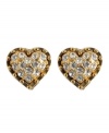 Show your adoration for flashy design with these fabulous heart studs by Betsey Johnson. Earrings boast a crystal-dusted surface with a beaded edge design. Crafted in antique gold tone mixed metal.