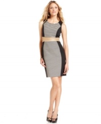 The embodiment of modern sophistication in a graphic mix of solids and stripes, Calvin Klein's chic sheath dress needs only the subtlest accessories -- its bold patterns speak for themselves. The embodiment of modern sophistication in a graphic mix of solids and stripes, Calvin Klein's chic sheath dress needs only the subtlest accessories -- its bold patterns speak for themselves.