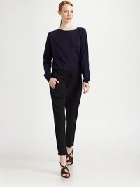 Fluid crepe, tailored in a harem style and accented with a drawstring waist tie.Elastic waist with drawstring tieSide slash pocketsTapered legInseam, about 26½79% rayon/21% acetateDry cleanImportedModel shown is 5'10 (177cm) wearing US size 4. Fluid crepe, tailored in a harem style and accented with a drawstring waist tie.Elastic waist with drawstring tieSide slash pocketsTapered legInseam, about 26½79% rayon/21% acetateDry cleanImportedModel shown is 5'10 (177cm) wearing US size 4.