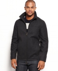 Start your day in style and comfort in this Perry Ellis jacket with a convertible collar. Start your day in style and comfort in this Perry Ellis jacket with a convertible collar.