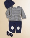 Four-piece gift set includes one striped Henley top, matching pants with knee patches, cozy hat with elastic brim and socks. Shirt CrewneckLong sleevesBack snapsPatch pocket Pants Elastic waistbandCottonMachine washImported Please note: Number of buttons may vary depending on size ordered. 