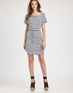 You'll be strung on stripes when you don this nautical boatneck with rolled cuffs and a waist-enhancing self tie. BoatneckShort sleevesRolled cuffsSelf tie at waistAbout 18 from natural waist42% polyester/29% supima cotton/29% micro modalDry cleanImportedModel shown is 5'10 (177cm) wearing US size Small.