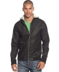 This sleek faux leather jacket by DC Shoes has an attached grey hood for a hip layered look. This sleek faux leather jacket by DC Shoes has an attached grey hood for a hip layered look.