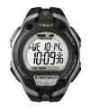 Beat your best time with this durable Ironman watch by Timex. Black resin strap and round case. Green logo at bezel. Positive display digital dial features INDIGLO night-light, chronograph, 30-lap memory recall, lap counter and countdown timer. Quartz movement. Water resistant to 100 meters. One-year limited warranty.