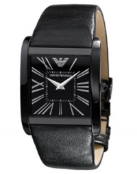 A modern classic in pitch black tones, by Emporio Armani. Watch crafted of smooth black leather strap and square black ion-plated stainless steel case. Black dial with silver tone Roman numerals, two hands, inner minute track and logo at twelve o'clock. Quartz movement. Water resistant to 30 meters. Two-year limited warranty. A modern classic in pitch black tones, by Emporio Armani. Watch crafted of smooth black leather strap and square black ion-plated stainless steel case. Black dial with silver tone Roman numerals, two hands, inner minute track and logo at twelve o'clock. Quartz movement. Water resistant to 30 meters. Two-year limited warranty.