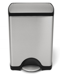 Maintain your kitchen's clean, modern lines with simplehuman's trash can. The rectangular shape fits unobtrusively in the corner, while advanced lidshox™ technology uses air suspension shocks to control the lid for a slow, quiet close. 5-year warranty. Maintain your kitchen's clean, modern lines with simplehuman's trash can. The rectangular shape fits unobtrusively in the corner, while advanced lidshox™ technology uses air suspension shocks to control the lid for a slow, quiet close. 5-year warranty.