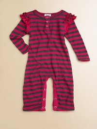 Stripes are sweet and ruffles are sweeter in this waffle-textured coverall to keep your little girl cozy.Henley necklineButton placketLong sleeves with ruffles at the shouldersSnap legsPolyester/cotton/micromodalMachine washImported Please note: Number of buttons may vary depending on size ordered. Stripes are sweet and ruffles are sweeter in this waffle-textured coverall to keep your little girl cozy.Henley necklineButton placketLong sleeves with ruffles at the shouldersSnap legsPolyester/cotton/micromodalMachine washImported Please note: Number of buttons may vary depending on size ordered.