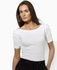 Lauren by Ralph Lauren's timeless boatneck tee in lightweight, fine-ribbed cotton channels modern style with chic lace-up detailing at the sleeves. Lauren by Ralph Lauren's timeless boatneck tee in lightweight, fine-ribbed cotton channels modern style with chic lace-up detailing at the sleeves.