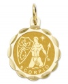 Tell everyone your sign in style! This scalloped and polished disc charm features the Scorpio Zodiac in 14k gold. Chain not included. Approximate length: 9/10 inch. Approximate width: 3/5 inch.