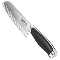 Combining features of a chef's knife and a cleaver, the Calphalon Santoku knife is an all purpose Asian-style knife that's ideal for cutting meat, fish and vegetables. The word Santoku means three good things - a reference to the three cutting tasks it performs so well: slicing, dicing and mincing. The Santoku is designed with kullens, or indentations along its edges, which reduce friction and prevent food from sticking to the blade. The knife also serves as a spatula as you cut, removing cut foods quickly and easily from the cutting surface. Combining features of a chef's knife and a cleaver, the Calphalon Santoku knife is an all purpose Asian-style knife that's ideal for cutting meat, fish and vegetables. The word Santoku means three good things - a reference to the three cutting tasks it performs so well: slicing, dicing and mincing. The Santoku is designed with kullens, or indentations along its edges, which reduce friction and prevent food from sticking to the blade. The knife also serves as a spatula as you cut, removing cut foods quickly and easily from the cutting surface.