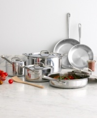 Professionally yours. Lightweight and dishwasher safe, this top-shelf set simply shines in your kitchen with a heavy-gauge 3-ply bonded construction and pure aluminum core that heats up fast and evenly. The scratch-resistant satin-finished interior beautifully complements the mirror-finished exterior, which is safe to use on all stovetops. Limited lifetime warranty. Professionally yours. Lightweight and dishwasher safe, this top-shelf set simply shines in your kitchen with a heavy-gauge 3-ply bonded construction and pure aluminum core that heats up fast and evenly. The scratch-resistant satin-finished interior beautifully complements the mirror-finished exterior, which is safe to use on all stovetops. Limited lifetime warranty.