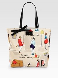 A charming style in printed patent leather with a sweet bow detail; perfectly sized for all your daily essentials.Double shoulder straps, 8½ dropOpen topOne inside open pocketFully lined12W X 12H X 5DImported A charming style in printed patent leather with a sweet bow detail; perfectly sized for all your daily essentials.Double shoulder straps, 8½ dropOpen topOne inside open pocketFully lined12W X 12H X 5DImported