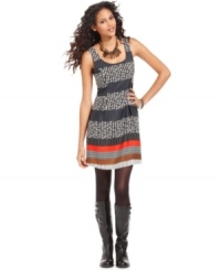 A mixed geometric print adds a modern edge to this flirty Bar III dress -- perfectly paired with tights and boots! A mixed geometric print adds a modern edge to this flirty Bar III dress -- perfectly paired with tights and boots!