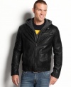 Edge and urban seamlessly meet in this sleek Kenneth Cole Reaction faux-leather bomber jacket for style that makes a statement without saying a word.