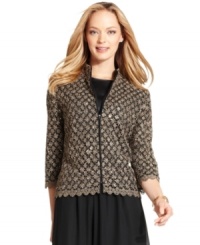 Alex Evenings' lacy metallic jacket and solid top make a glamorous statement for your next event. Alex Evenings' lacy metallic jacket and solid top make a glamorous statement for your next event.