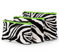 Zebra Print 3 Piece Cosmetic Makeup Bag Set Lime Green Trim / Black & White Zebra Print 3 Piece Cosmetic Makeup Bag Set Lime Green Trim / Black & White