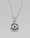 Textured links of sterling silver hold a protective evil eye charm, radiantly formed of white, blue and black sapphires with a touch of 18k gold. Sapphires Sterling silver and 18k yellow gold Chain length, about 17 Pendant diameter, about ½ Heart-shaped lobster clasp Made in USA